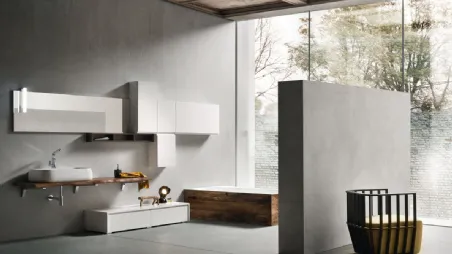 Mobile da Bagno sospeso in legno con pensili e mobile a terra in laccato bianco lucido con lavabo in ceramica JACANA LUXURY JA32 di Compab