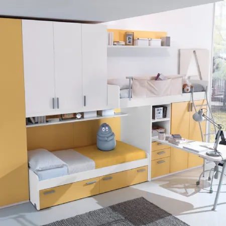 Cameretta a soppalco con scrivania in laccato bianco e giallo opaco Composizione EN19 di S75