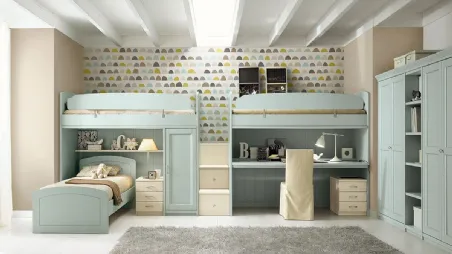 Cameretta in legno finitura Azzurro fiordo a soppalco Doppio Castello N16 con tre letti di Scandola