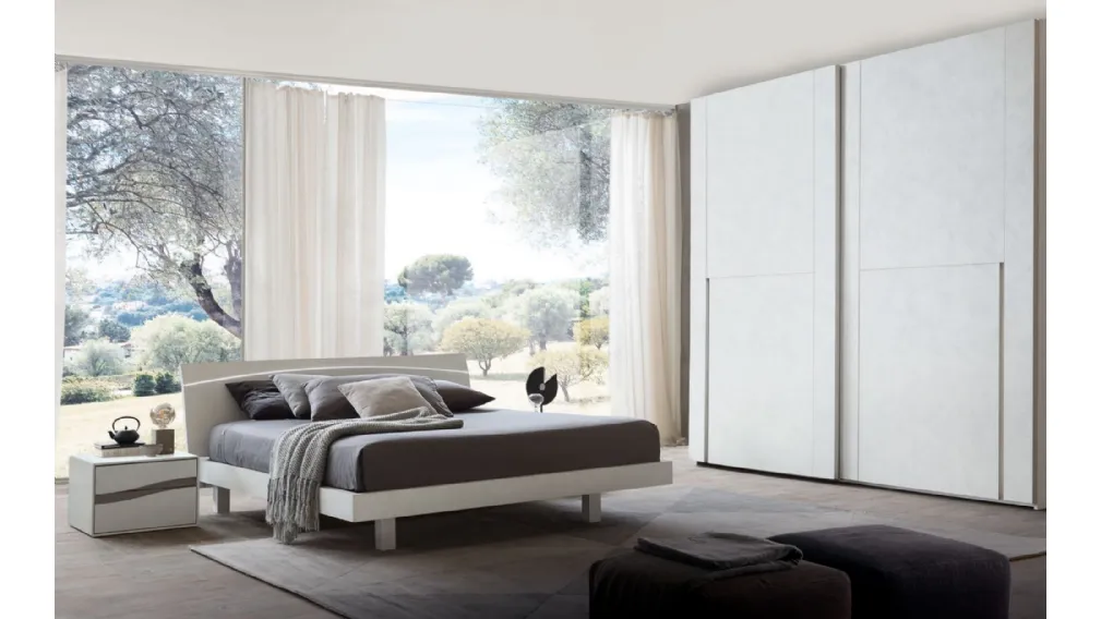 Comodino in finitura cemento bianco con maniglie in finitura olmo light Infinity Onda di S75