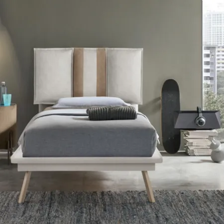 Comodino Planos rivestito in tessuto beige con top in vetro Target Point