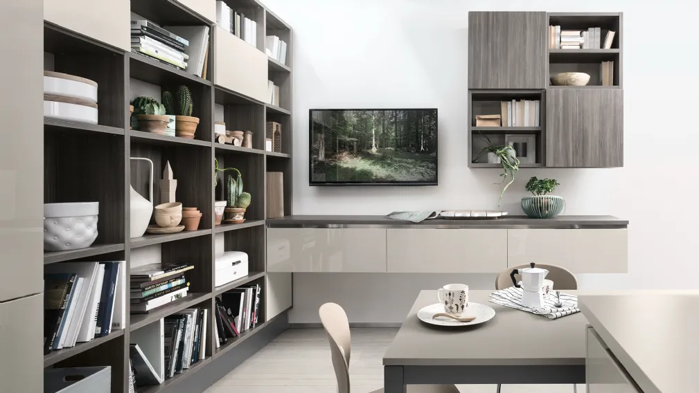 Libreria a muro Living finitura Cedro Scuro di Veneta Cucine