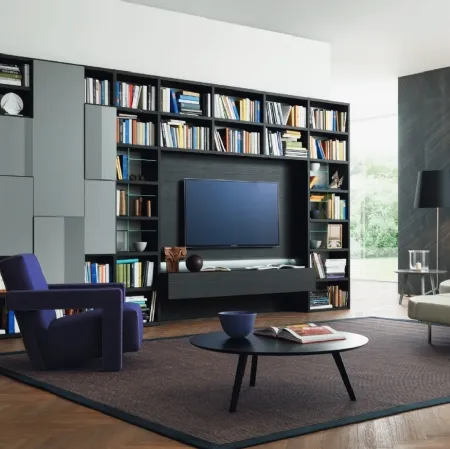 Libreria con vano porta TV Modo M6C72 in laccato opaco e Rovere carbone di Sangiacomo