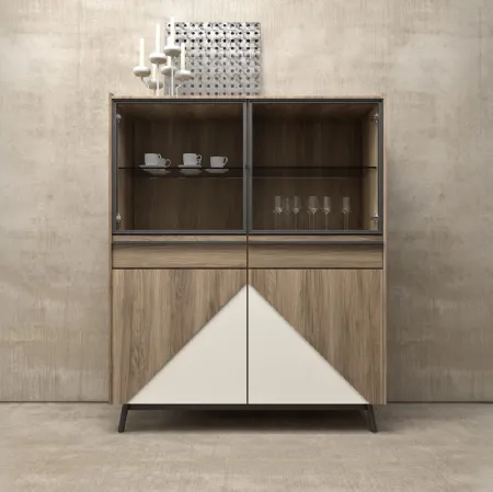 Madia Alta in legno con inserti in laccato bianco opaco e ante superiori in vetro Glamour 10 di Mab