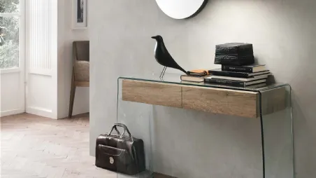 Mobile ingresso consolle Escape in vetro con cassetti in laminato effetto legno di Target Point