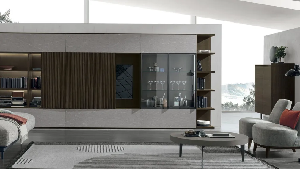 Parete Attrezzata Atlante UNIT AT211 in materico rovere moka, legno rovere moka canettè e materico piasentina scuro di Tomasella