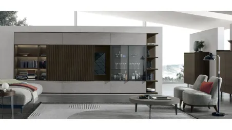 Parete Attrezzata Atlante UNIT AT211 in materico rovere moka, legno rovere moka canettè e materico piasentina scuro di Tomasella
