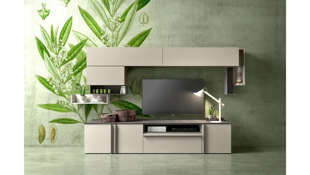Parete Attrezzata in laccato opaco con top in finitura brown marble di Mab