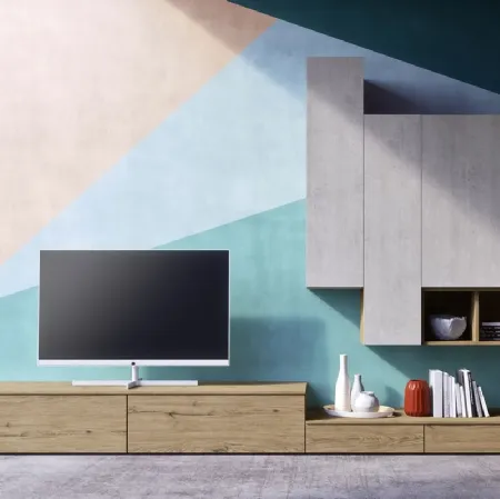 Parete Attrezzata in legno con pensili in finitura concrete Comp 19 di Mab