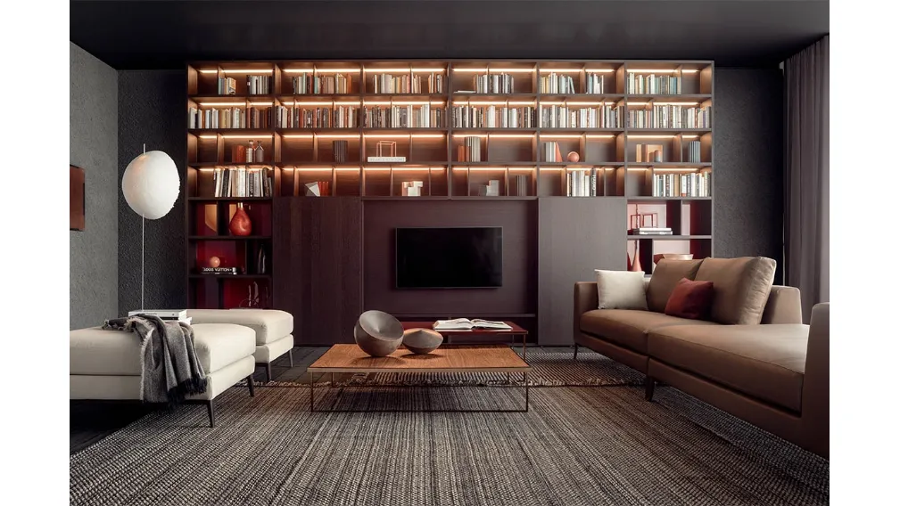 Parete per soggiorno in legno laccato e ampi spazi per libreria Spazio 2 di Pianca
