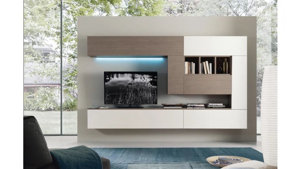 Parete Attrezzata in laccato opaco bianco e finitura rovere Spot Cindy 01 di S75