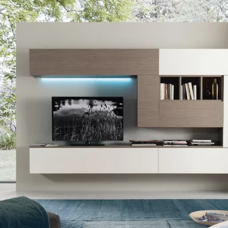 Parete Attrezzata in laccato opaco bianco e finitura rovere Spot Cindy 01 di S75