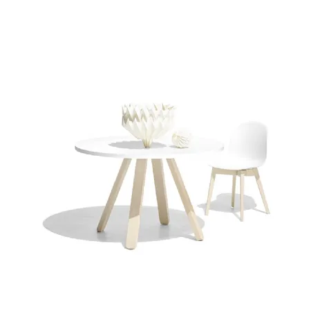 Tavolo rotondo in laminato bianco e base in legno di faggio sbiancato Stecco di Connubia