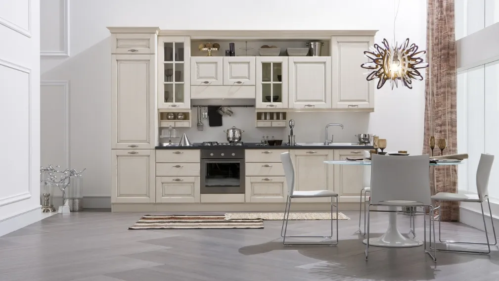 Cucina Classica lineare Memory in legno laccato Bianco antico di Veneta Cucine