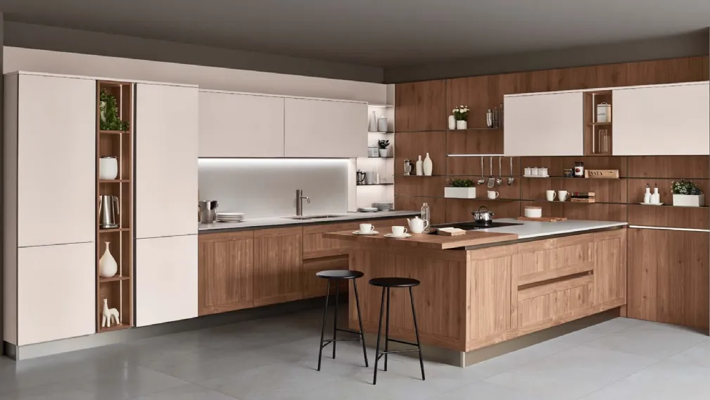 Cucina Moderna con penisola Armonia 02 in Noce nodoso a doghe e laccato opaco di Veneta Cucine