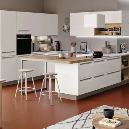Cucina Moderna Carrera angolare con penisola in laccato Bianco Riso di Veneta Cucine