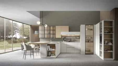 Cucina Moderna angolare con penisola in rovere naturale e finitura bianca Eclettica 02 di Scandola