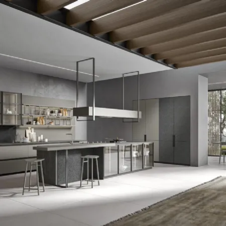 Cucina Moderna lineare in rovere, laccato, ferro e vetro Eclettica 03 di Scandola