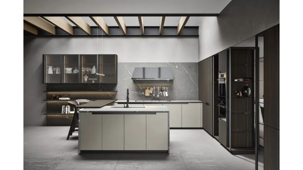 Cucina Moderna angolare in legno di Rovere termocotto e laccato opaco Eclettica 04 di Scandola