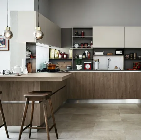 Cucina Moderna Ethica Go angolare in finitura Quercia Medio Dek e Silk Grigio Tortora di Veneta Cucine