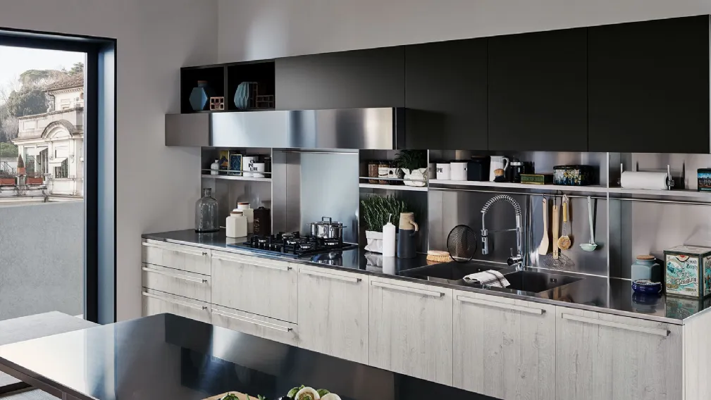 Cucina Moderna Ethica lineare in finitura Quercia Bianco Dek e Silk Grigio Piombo di Veneta Cucine