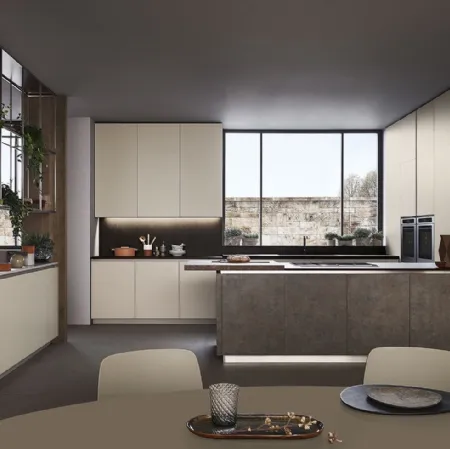 Cucina Moderna Lounge con penisola in laccato Grigio Corda e Noce Nodoso di Veneta Cucine