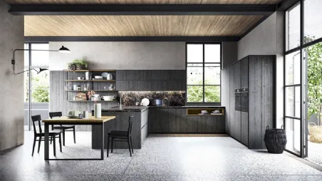 Cucina Moderna con penisola in legno finitura carbone con top in acciaio Maestrale M05 di Scandola