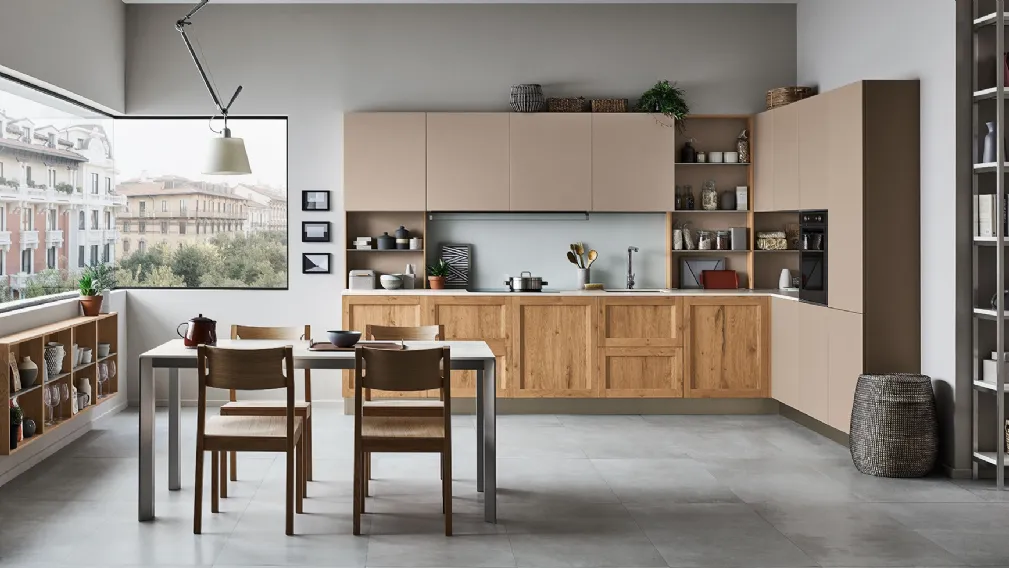 Cucina Moderna angolare Milano 08 in Rovere Nodoso chiaro e laccato Beige di Veneta Cucine