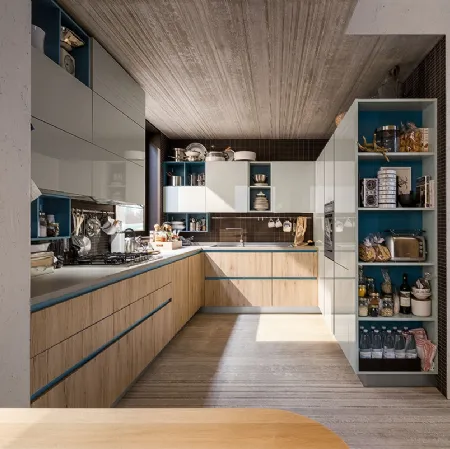 Cucina Moderna Start Time Go angolare in Play Rovere medio e laccato lucido Grigio di Veneta Cucine