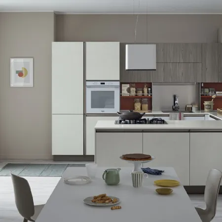 Cucina Moderna Start Time Presa angolare in finitura Graffiato Gesso, laccato Rame e olmo Neutro di Veneta Cucine