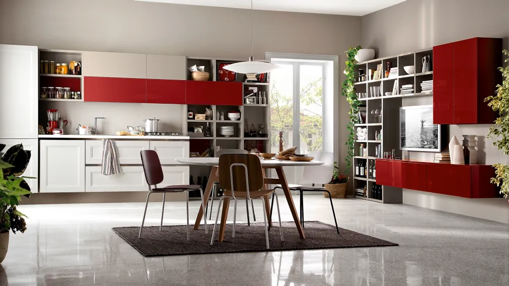Cucina Moderna Tablet lineare in laccato opaco Bianco e laccato lucido Ciliegia di Veneta Cucine